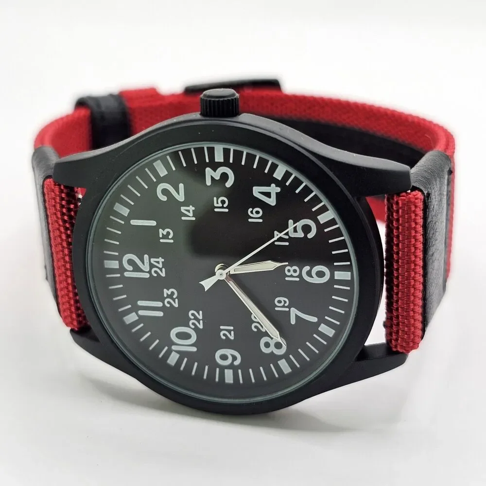 Men's 42MM Military Field Watch Black Case Black‎ Dial Red Black Canvas Bands
